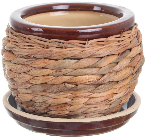 Горщик Viet Thanh Ceramic з блюдцем плетений 16х13 см VT.10891-3 круглий бежевий 