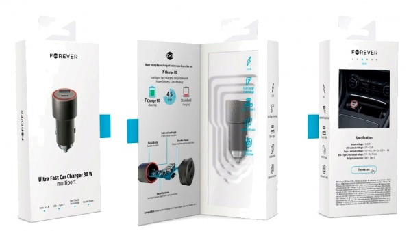Автомобильное зарядное устройство Forever 2X TYPE-C PD+2,4A (30W) серый 