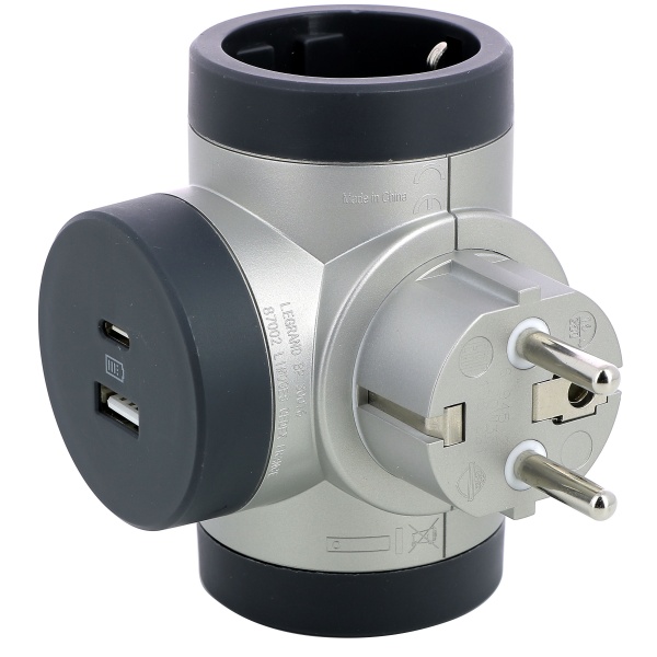 Адаптер Legrand 3х2К+З з USB A+C поворотний преміум із заземленням 2 гн. алюміній 694524 