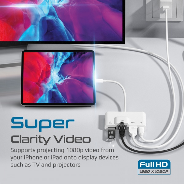 Адаптер Promate MediaSync-LT Lightning to USB 3.0 OTG/RJ45/HDMI/10Вт Lightning-in білий (mediasync-lt.white) 