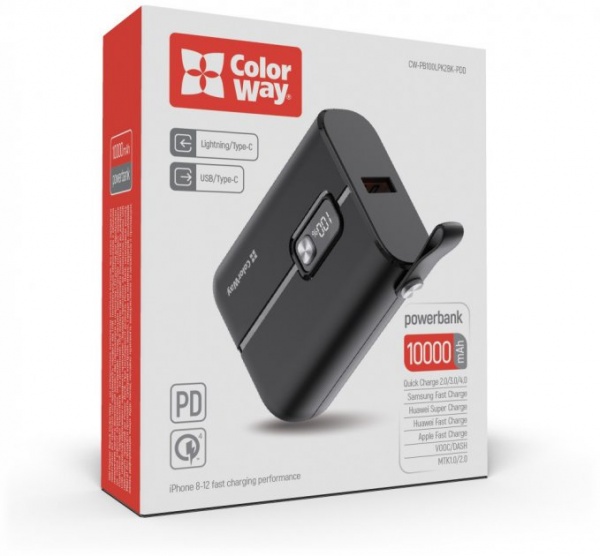 Внешний аккумулятор (Powerbank) ColorWay Full power Ligthning + USB QC3.0 + USB-C PD 22.5W 10000 mAh black (CW-PB100LPK2BK-PDD) 
