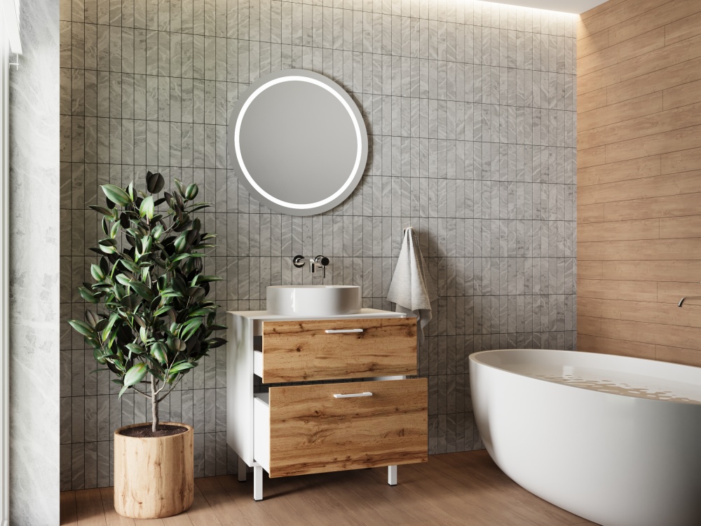 Тумба ЮВЕНТА Afina 70 см біла + Дуб Вотан під стільницю або умивальник Piedra 70