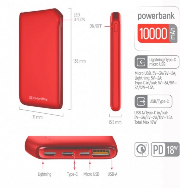 Внешний аккумулятор (Powerbank) ColorWay Soft touch Ligthning + USB QC3.0 + USB-C PD 18W 10000 mAh red (CW-PB100LPE3RD-PD) 