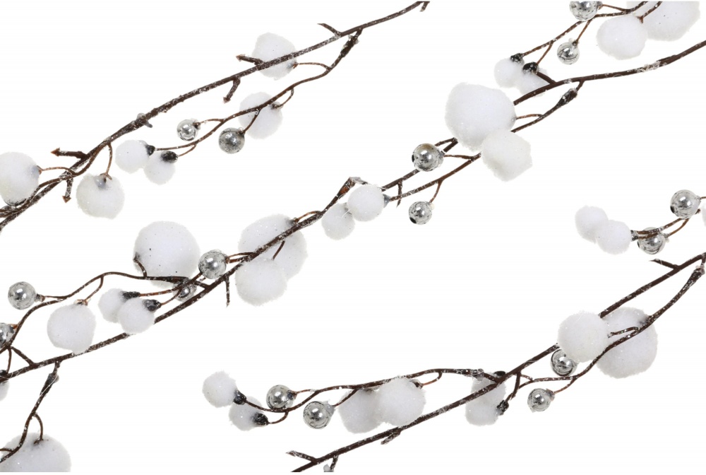 Декорація гілка спадаюча із білими ягодами та срібними бусинами 85 см 23S3905