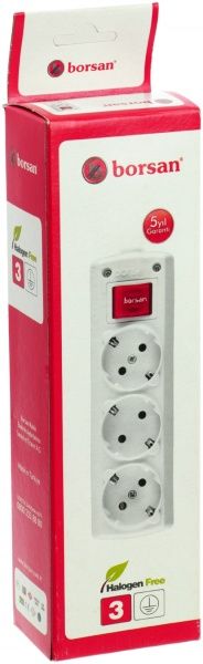 Колодка Borsan с выключателем с заземлением 3 гн. белый BR.1563-0 