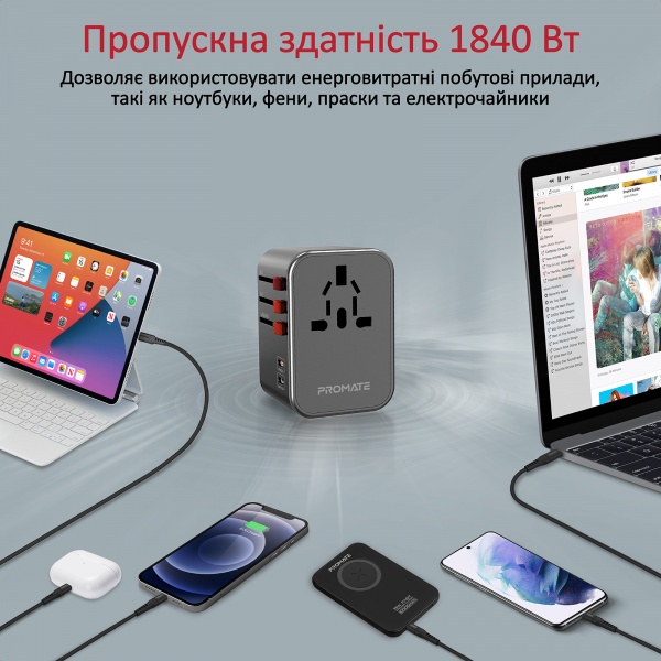 Сетевой адаптер Promate TripMate-33W EU/US/UK/AUS на EU/US/UK/AUS, 2хUSB-С+3хUSB-A 33.5 Вт total Black (tripmate-33w.black) 