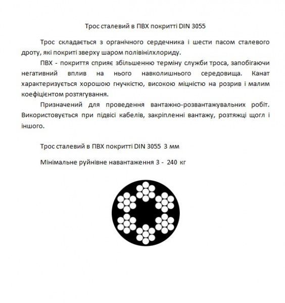 Трос оцинкований з ПВХ покриттям 3 мм 10 пог.м. DIN 3055