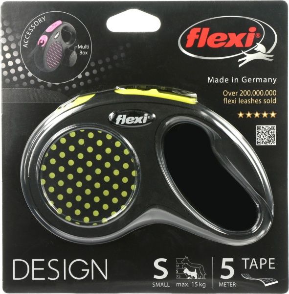Поводок-рулетка FLEXI Disign S черный с желтыми вставками до 15 кг 5 м