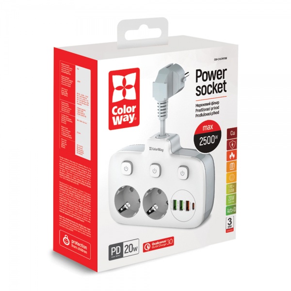 Сетевой фильтр COLOR WAY 2x220V/3xUSB-A/1xUSB-C white с заземлением 2 гн. white CW-CHE24PDW 