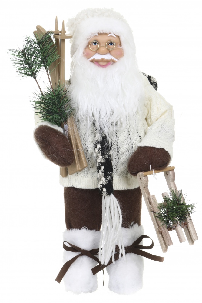 Декоративная новогодняя фигура Санта лесной с лыжами бело-коричневый 40 см