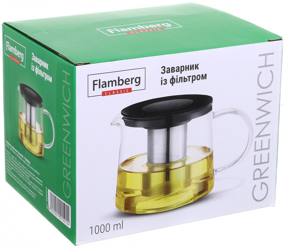 Чайник заварювальний Flamberg Greenwich 1000 мл чорний із прозорим