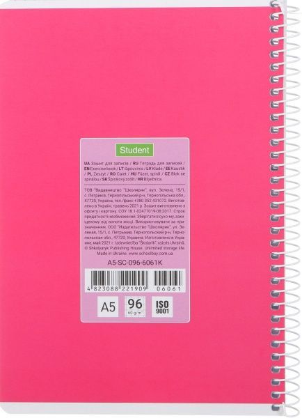 Тетрадь школьная А5 96 листов в клеточку A5-SC-096-6061K Student Школярик