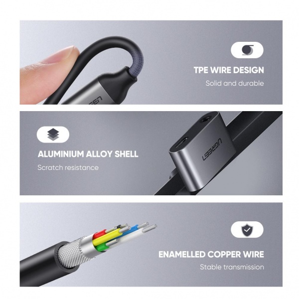 Перехідник UGREEN CM193 2 Ports USB Type-C Hub + 3.5mm Audio 0,1 м сірий (50596) 