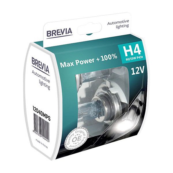 Лампа галогенная Brevia Max Power+100% (12040MPS) H4 P43t 12 В 60/55 Вт 2 шт