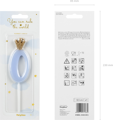 Свеча для торта Partydeco цифра 0 пастель голубая 9,5 см (SCU6-0-001J)