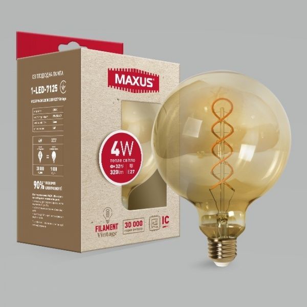 Лампа светодиодная Maxus Vintage 1-FIL-7125 G125 4 Вт E27 2200 К 220 В прозрачная 