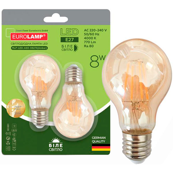 Лампа светодиодная Eurolamp MLP-LED-A60-08274 (Amber) 2 шт./уп. A60 8 Вт E27 4000 К 220 В прозрачная 