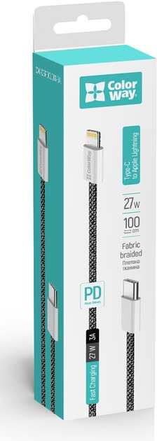 Кабель ColorWay Type-C - Apple Lightning (braided cotton) (PD Fast Charging 27W) 1 м чорний (CW-CBPDCL061-BK)