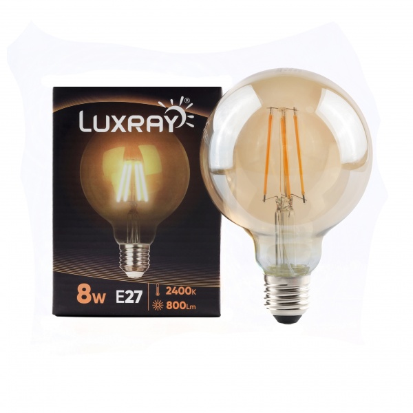 Лампа светодиодная Luxray FIL 8 Вт G95 прозрачная E27 220 В 2400 К LXF424-G95-2708 