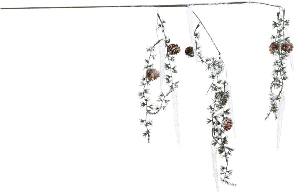 Декорація гілка хвойна з бурульками і шишками зелений 68 см EYC21688