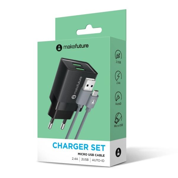 Зарядное устройство MakeFuture 2.4A 2USB Auto-ID Black + кабель MicroUSB MCWC-M22BK