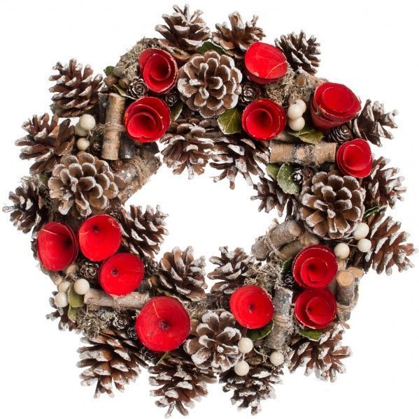 Вінок новорічний з шишками та червоними квітами d330 мм 70100010  