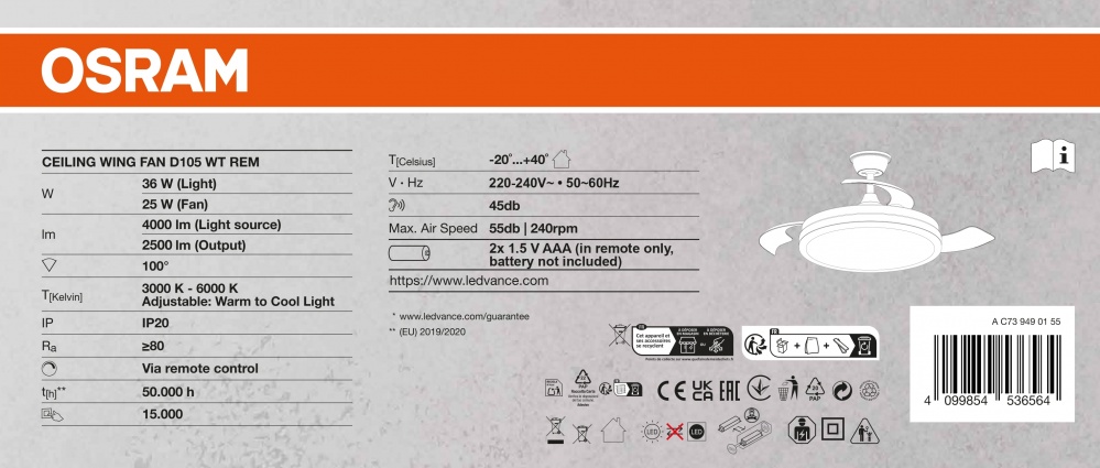 Люстра-вентилятор Osram CEILING WING 36 Вт white FAN WING WT