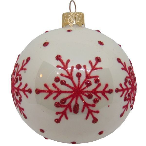 Шар новогодний d80 с красным рисунком белый