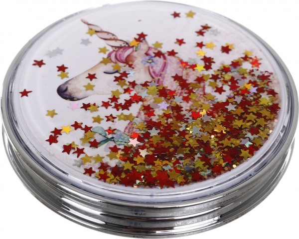 Зеркало карманное косметическое Лідер Канц Единорог с сыпучими блестками круглое 12 вариантов в ассортименте 