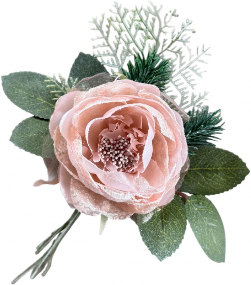 Гілочка декоративна Піоновидна троянда з хвоєю Д.8 см в асортименті SDBF18135