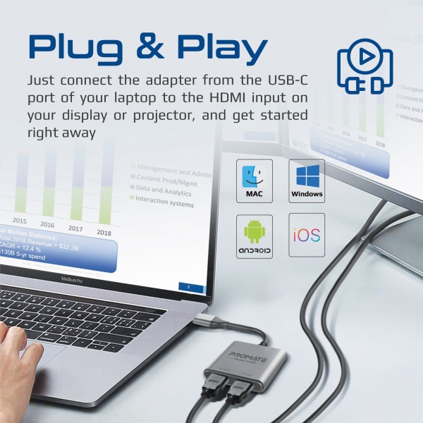 Перехідник Promate Type-C to 2xHDMI 4K MediaLink-H2 0,15 м сірий (medialink-h2.grey) 