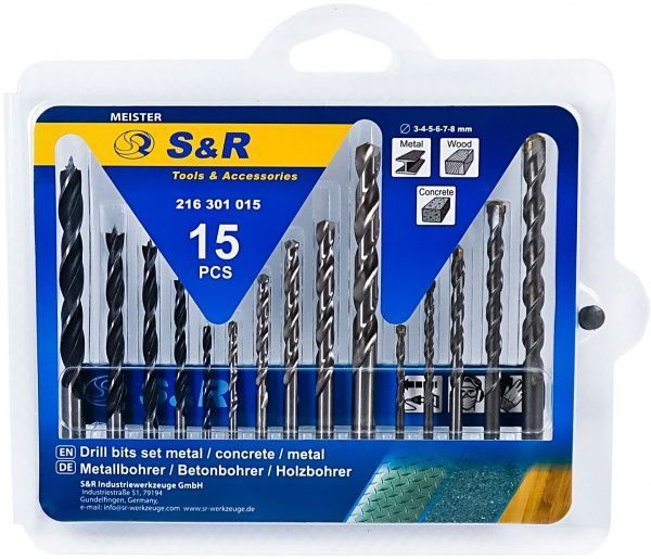 Набор сверл S&R Meister по металлу, бетону, дереву 3, 4, 5, 6, 8 мм 19 шт. 216301015