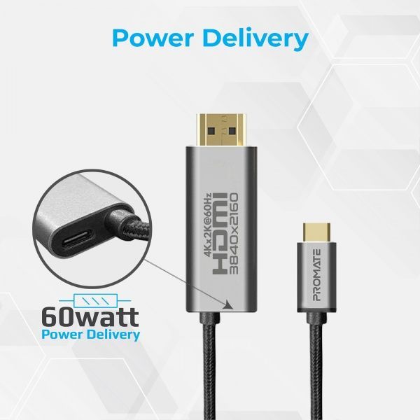 Кабель Promate USB-C/HDMI 4K 60Hz 1,8 м сірий (hdmi-pd60.grey) 