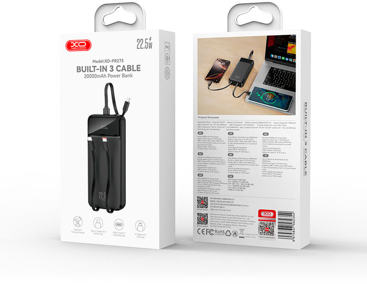Повербанк Xo 22.5 W 2xType-C/Lightning кабель 20000 mAh black (PR275.black)