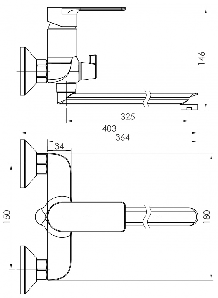 Змішувач для ванни RJ ARA L-вилив, з душовим гарнітуром, хром