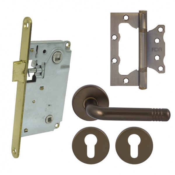 Комплект PZ Urfic ручка 5080/5095 P4 + замок STV + накладки 85 мм бронзовий з петлями