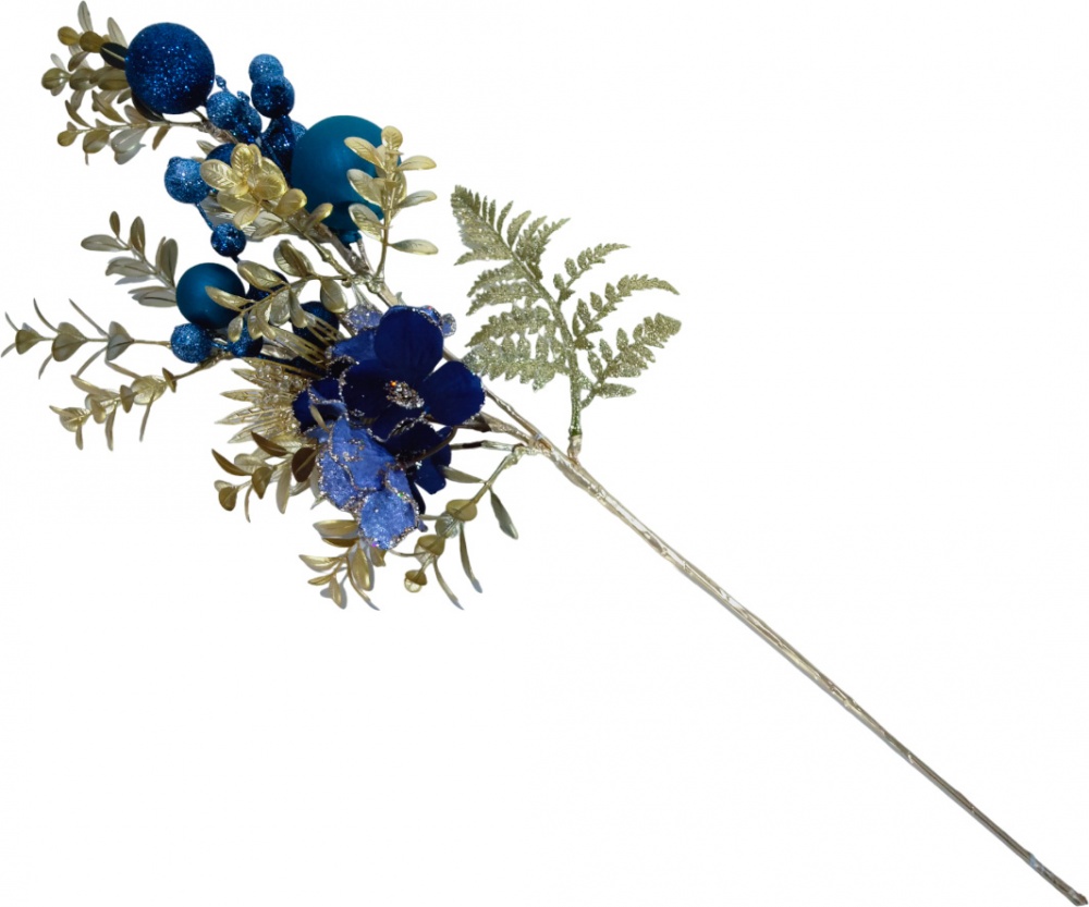 Декорация ветвь коллекционная с листьями, шарами и цветами сине-золотой 67 см 23A3157-43
