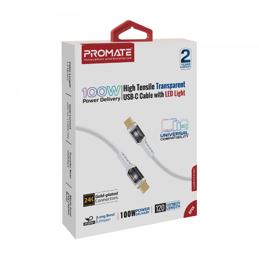 Кабель Promate Lucidline-CC120 USB-C to USB-C 100W Power Delivery 1,2 м white (lucidline-cc120.white)