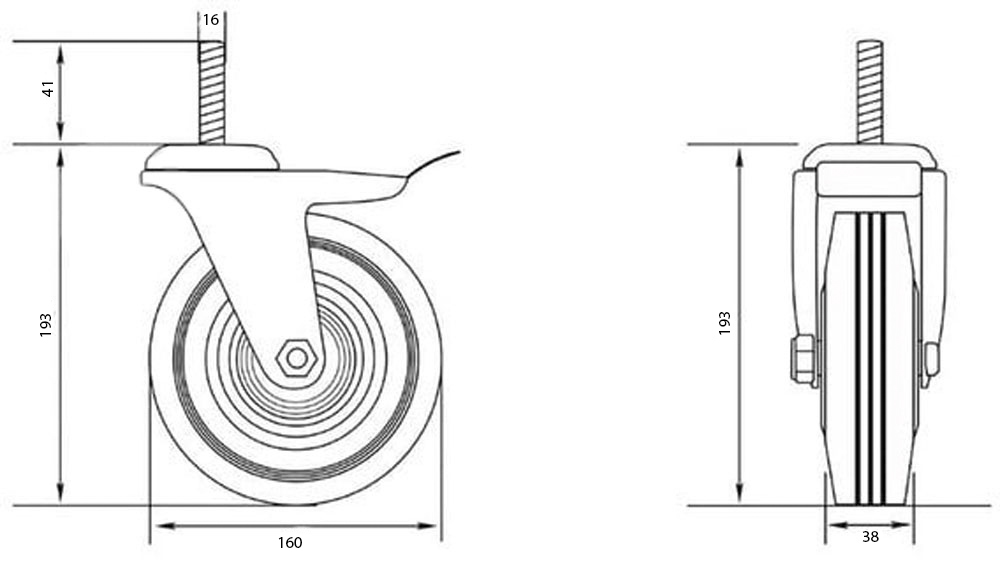Колесо d160 мм резиновое поворотное с тормозом і резьбовым штырем M16