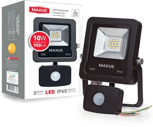 Прожектор з датчиком руху Maxus 1-Max-01-LFL-1050s LED 10 Вт IP65 чорний 
