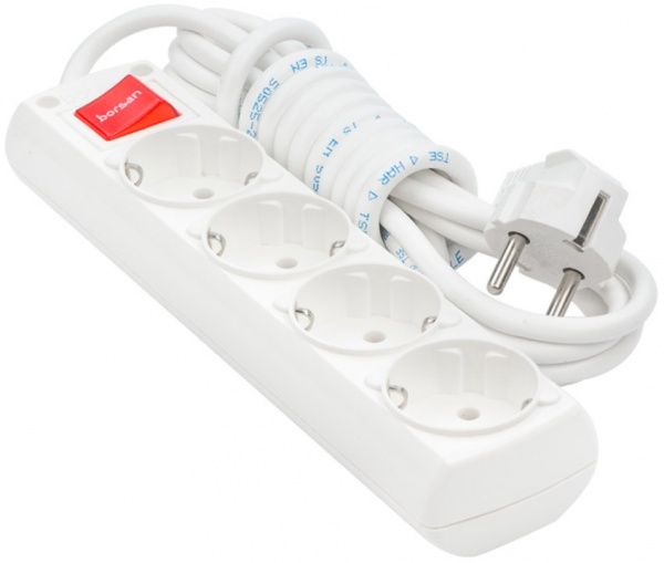 Подовжувач Borsan із вимикачем із заземленням 4 гн. білий 2 м BR.1564-2 