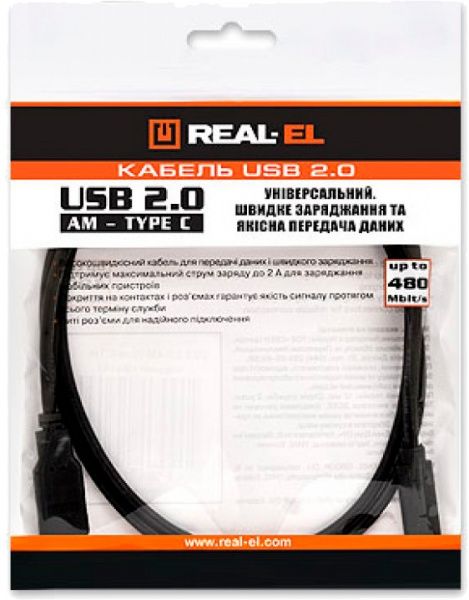 Кабель Real-el USB Type-C – USB 1 м чорний (USB2.0 AM-Type C 1m, black (RE) 