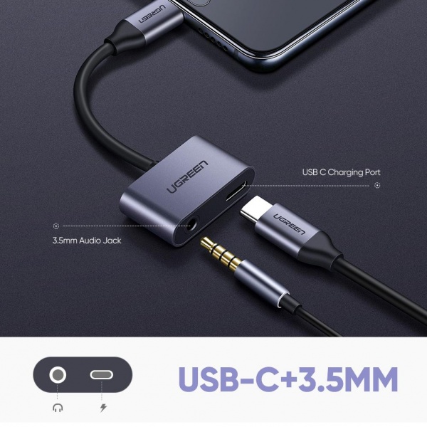 Перехідник UGREEN CM193 2 Ports USB Type-C Hub + 3.5mm Audio 0,1 м сірий (50596) 