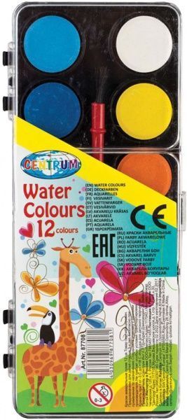 Краска акварель суха, 12 кольорів, з пензликом, пластикова упаковка, 87708 Giraffe Centrum