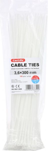 Стяжка кабельная CarLife белый, уп. 100 шт. 3,6х300мм