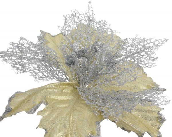 Декорация новогодняя Пуансеттия 28 см золотой с серебряным