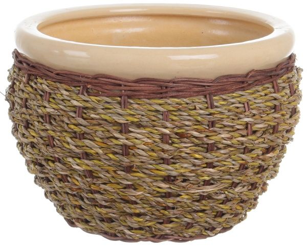 Горшок Viet Thanh Ceramic с блюдцем плетеный 23х16 см VT.10875-2 круглый бежевый с коричневым 