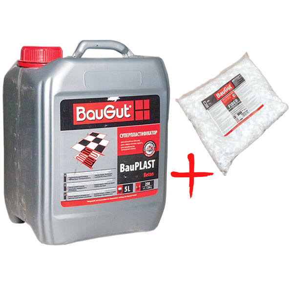 Пластификатор для бетона BauGut BauPLAST Beton 5 л + фиброволокно BauGut 12 мм 300 гр