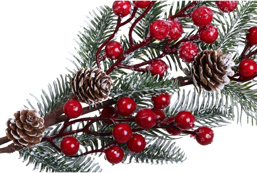 Веточка декоративная забеленная с красными ягодами и шишками 55 см