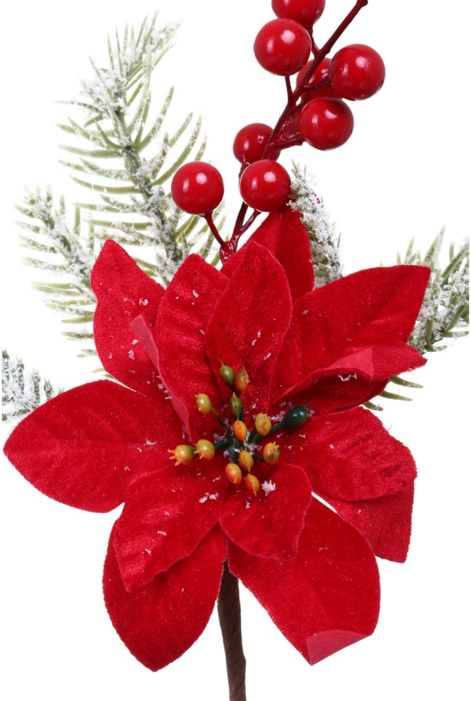 Квітка декоративна пуансетія з хвоєю і ягодами 30 см червоний